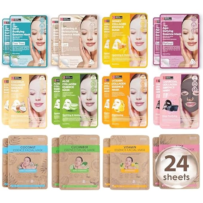 innerest ORIGINAL DERMA BEAUTY COLLAGEN FACE MASKS 24 PK FACE MASK SKIN CARE COLLAGEN ESSENCE SHEET MASKS ASSORTMENT SET FOR BEAUTY & PERSONAL CARE KOREAN FACE MASK - Image 1